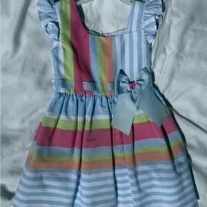 Bonnie Jean Pastel Stripe Bow Dress - Blue, Pink & Green